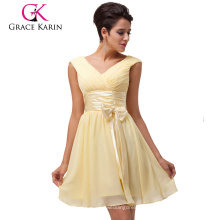 Grace Karin New V-Neck Knee Length Chiffon Yellow Bridesmaid Dress CL6048